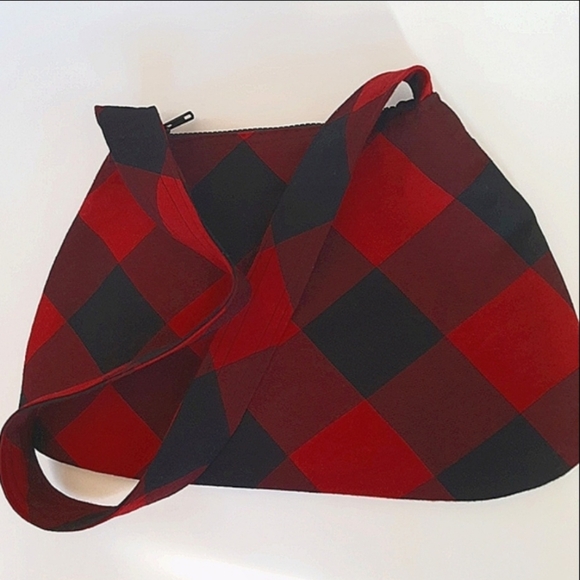 Wool Buffalo Plaid Check Red Black Curvy Shoulder Bag Romantic Hand Made OOAK - Picture 1 of 8